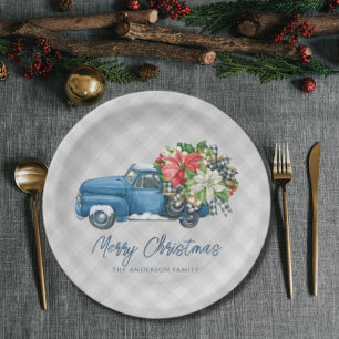 Assiettes En Carton Camion de Noël bleu vintage à carreaux de ferme gr