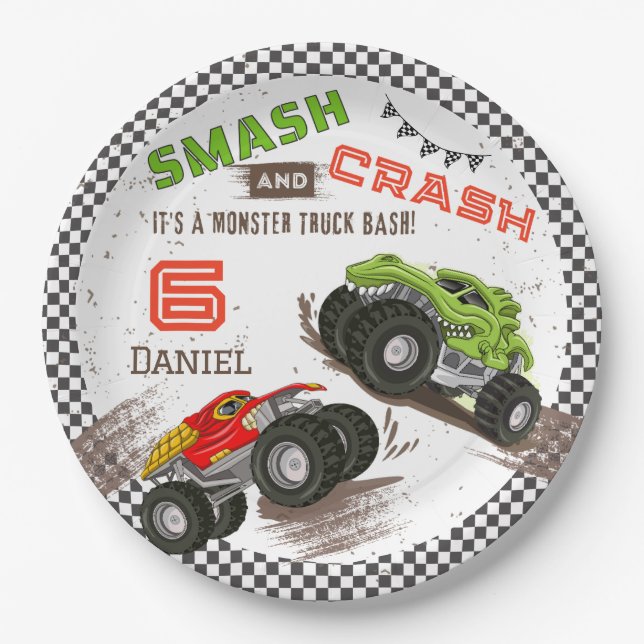 Assiettes En Carton Camion Monstre Smash et Crash 6e fête anniversaire (Devant)
