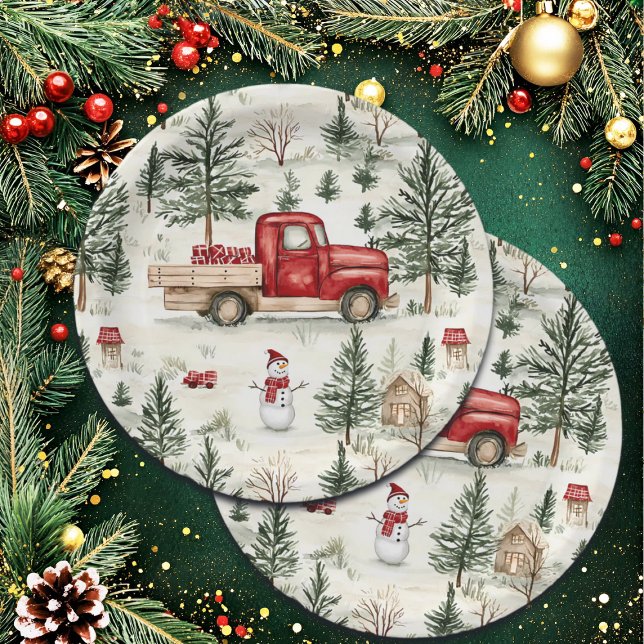 Assiettes En Carton Camion rouge avec cadeaux et bonhomme de neige (Créateur téléchargé)