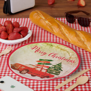 Assiettes En Carton Camion Rouge Elégant Russe Vintage Joyeux Noël