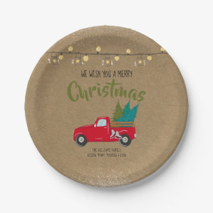 Assiettes En Carton Camion rouge vintage avec arbres de Noël sur Kraft