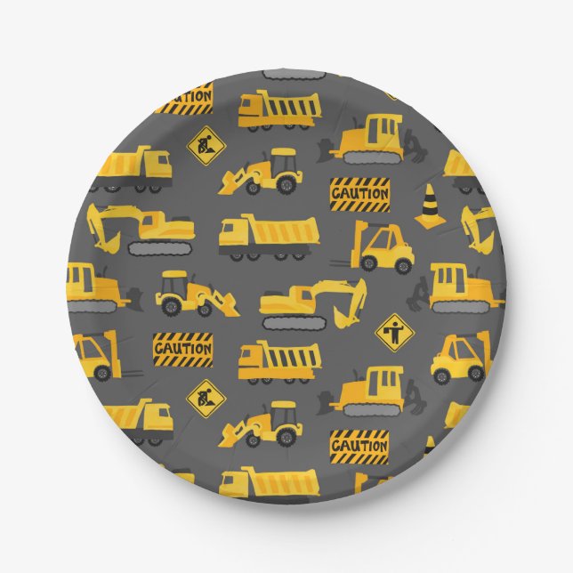 Assiettes En Carton Camions de construction Anniversaire Motif Gray (Devant)