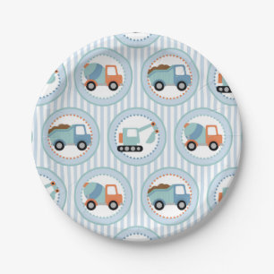 Assiettes En Carton Camions de construction - blanc bleu mignon