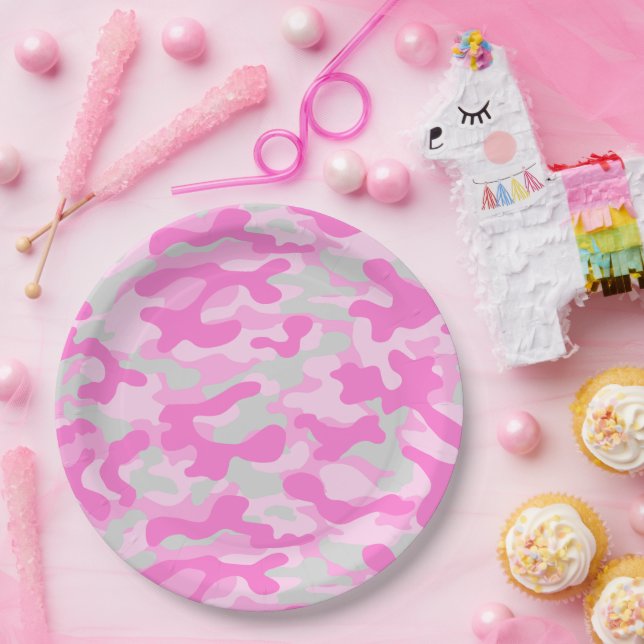 Assiettes En Carton Camo Rose  (Fête)