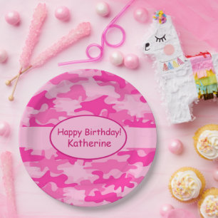 Assiettes En Carton Camo rose Nom Personnalisé Bonne fête d'annivers