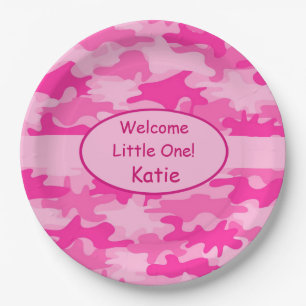 Assiettes En Carton Camo rose Nom Personnalisé Nouvelle Bébée Fille
