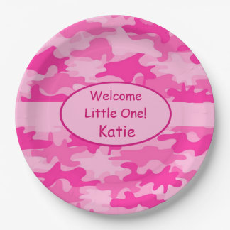 Assiettes En Carton Camo rose Nom Personnalisé Nouvelle Bébée Fille