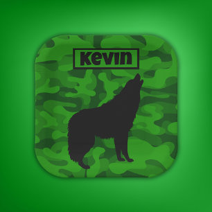 Assiettes En Carton Camo vert moderne noir Wolf Silhouette Monogramme