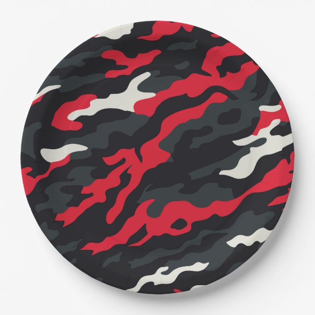 Assiettes En Carton Camouflage blanc gris rouge Motif Camo (Devant)