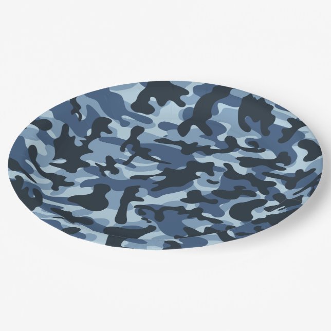 Assiettes En Carton Camouflage bleu (Angle)