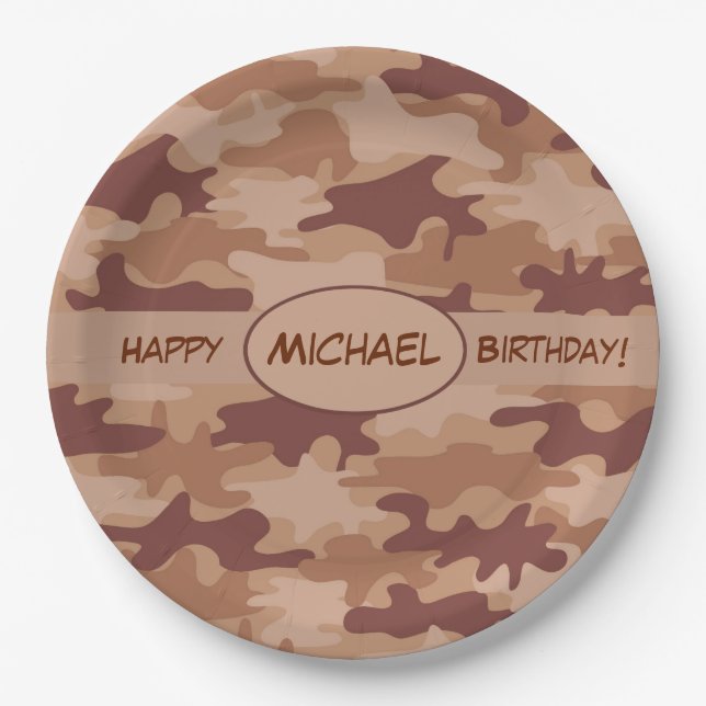 Assiettes En Carton Camouflage Brown Joyeux Anniversaire Nom Personnal (Devant)