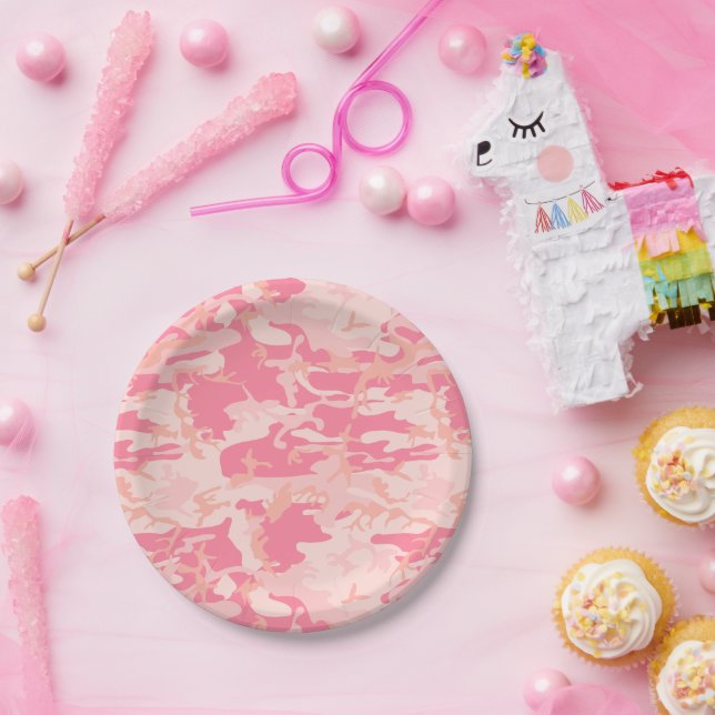 Assiettes En Carton Camouflage rose, Armée (Fête)