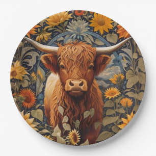 Assiettes En Carton Campagne rustique Highland Cow Sunflowers