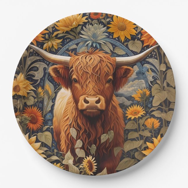 Assiettes En Carton Campagne rustique Highland Cow Sunflowers (Devant)