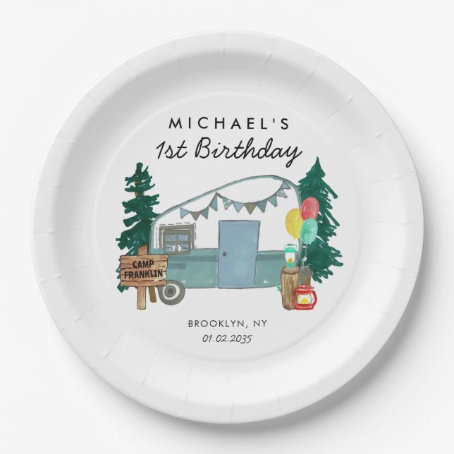 Assiettes En Carton Camper Camper Van Trees Camping 1er anniversaire (Devant)