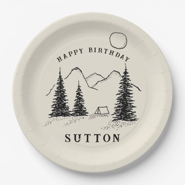 Assiettes En Carton Camping d'anniversaire personnalisé (Devant)
