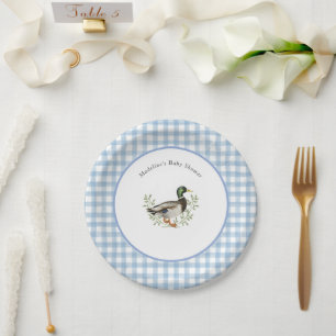 Assiettes En Carton Canard colvert à carreaux bleus et blancs Baby Sho