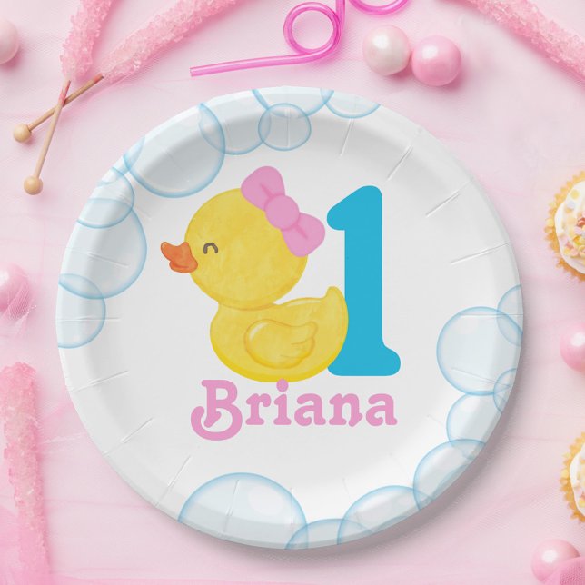 Assiettes En Carton Canard en caoutchouc pour fille blanche Anniversai (Girl Watercolor Rubber Duck Birthday Age Paper Plates)