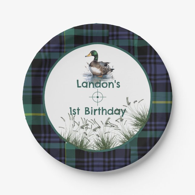 Assiettes En Carton Canard Thème 1er Anniversaire Chasseur vert plaid  (Devant)