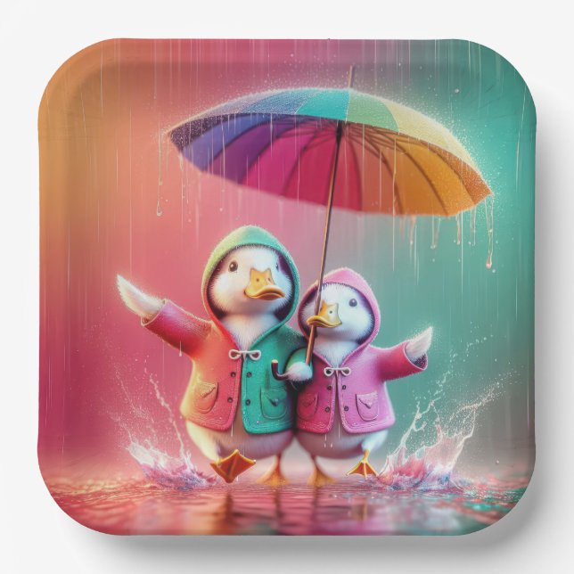 Assiettes En Carton Canards Blancs Marchant Dans La Pluie (Recto)