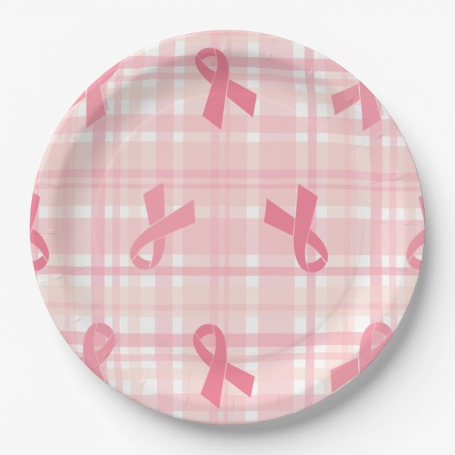 Assiettes En Carton Cancer du sein Pink Ribbon Plaid Motif (Devant)