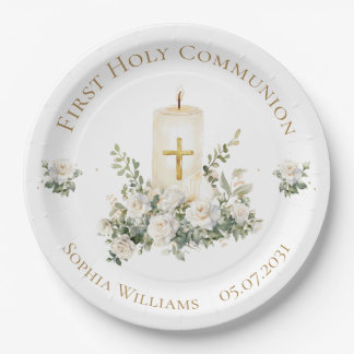 Assiettes En Carton Candle Cross Flowers First Holy Communion 