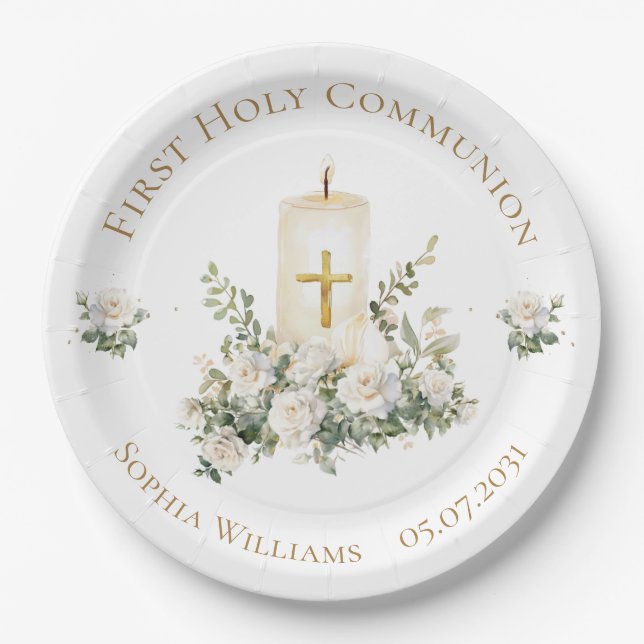Assiettes En Carton Candle Cross Flowers First Holy Communion  (Devant)