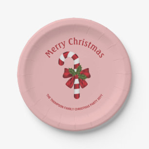 Assiettes En Carton Canne de Noël rouge et blanche avec texte personna
