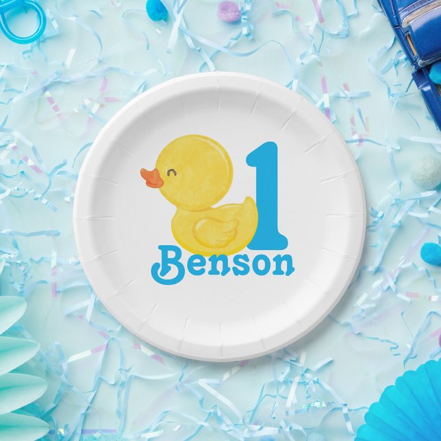 Assiettes En Carton Caoutchouc Plaques de papier d'anniversaire person (Boy Birthday Watercolor Rubber Duck Party Paper Plates with Age)