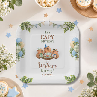 Assiettes En Carton Capybara Capy Fête Mignon Garçon Bleu Kawaii Anniv