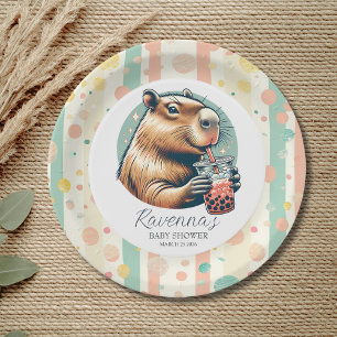 Assiettes En Carton Capybara Drôle Rayé Nom Personnalisé Baby Shower