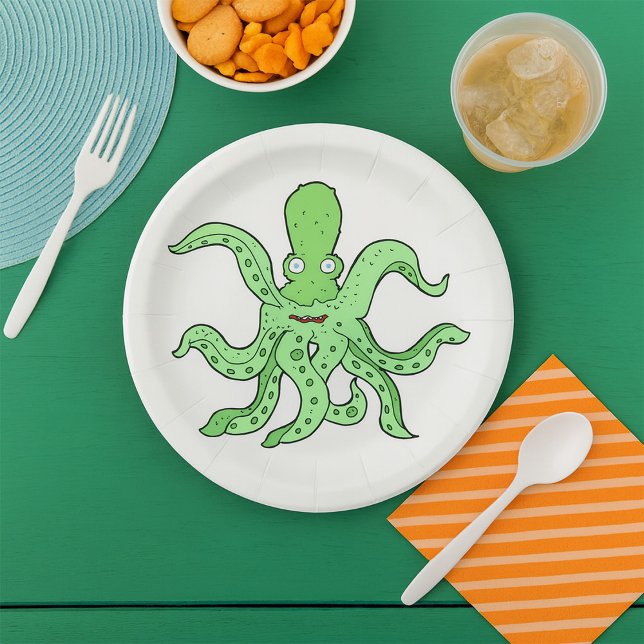 Assiettes En Carton Caractère pieuvre verte Quirky Sea Monster (Créateur téléchargé)