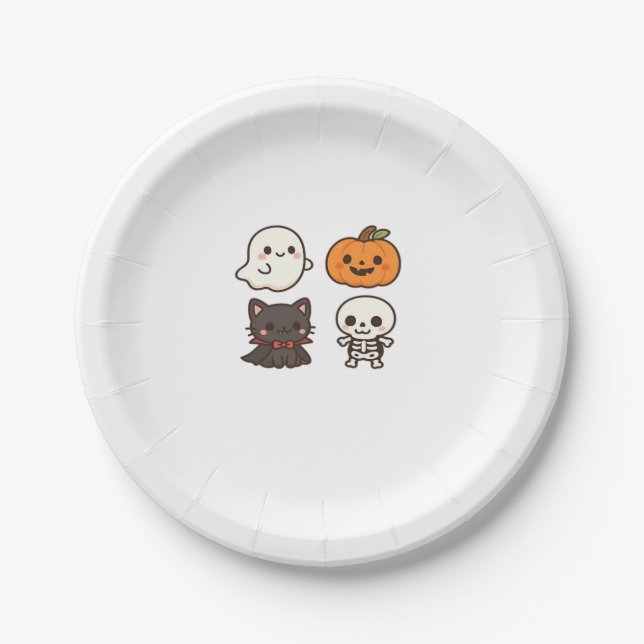 Assiettes En Carton Caractères d'Halloween - Fantôme, Citrouille, Chat (Devant)