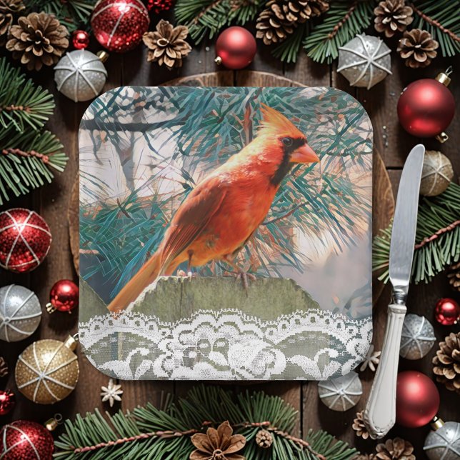 Assiettes En Carton Cardinal devant l'arbre à pin hiver (A handsome red bird (northern cardinal) sits before a pine. Lace adds an elegant touch to your plate)