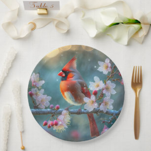Assiettes En Carton Cardinal masculin en fleurs de cerisiers au clair 