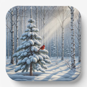 Assiettes En Carton Cardinal Rouge Perché Sur Un Pin Neige