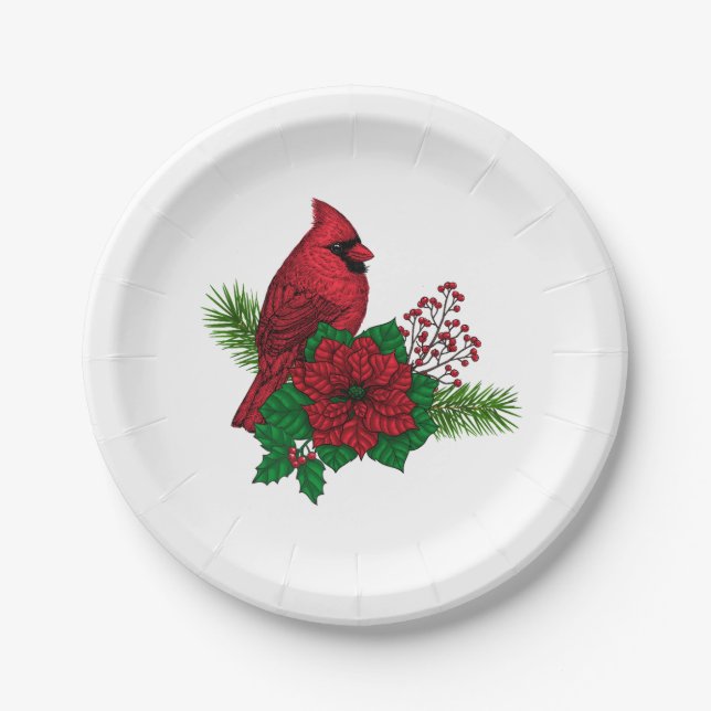 Assiettes En Carton Cardinaux rouges sur décoration de Noël (Devant)