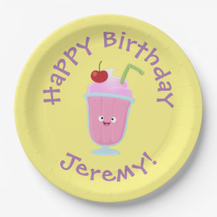 Assiettes En Carton Caricature de crème glacée de fraise mignonne