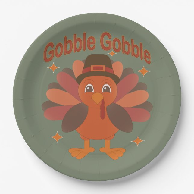 Assiettes En Carton Caricature de Turquie Thanksgiving - "Gobble Gobbl (Devant)