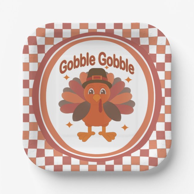 Assiettes En Carton Caricature de Turquie Thanksgiving - "Gobble Gobbl (Recto)