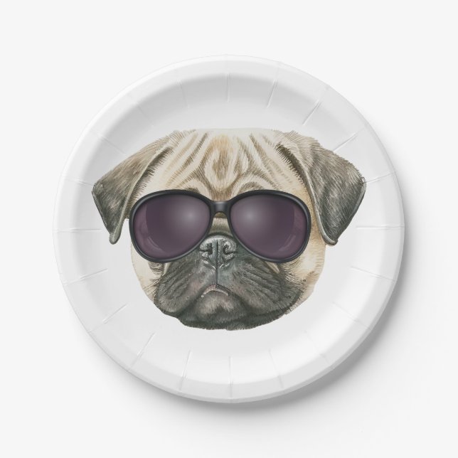 Assiettes En Carton Carlin amusant, mignon bulldog français avec lunet (Devant)
