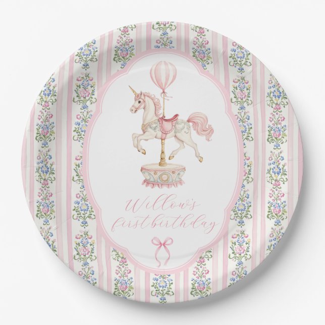 Assiettes En Carton Carousel Rose Premier Anniversaire (Devant)