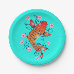 Assiettes En Carton Carpe koï orientale orange turquoise floral élégan