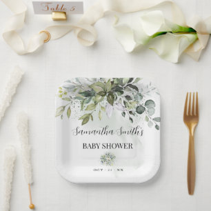 Assiettes En Carton Carré de Baby shower Eucalyptus vert