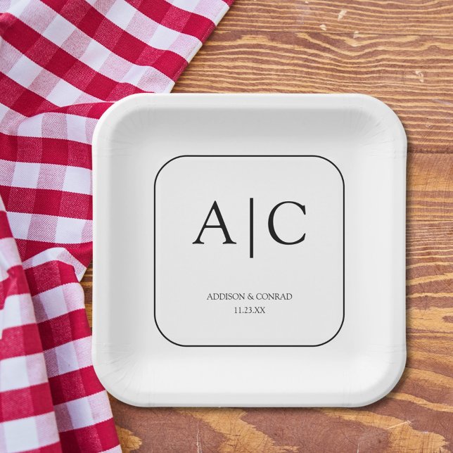 Assiettes En Carton Carré Mariage de Monogramme blanc élégant moderne (Créateur téléchargé)