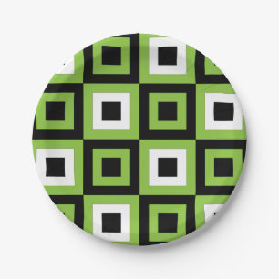 Assiettes En Carton Carré Vert Blanc Noir Fête Géométrique