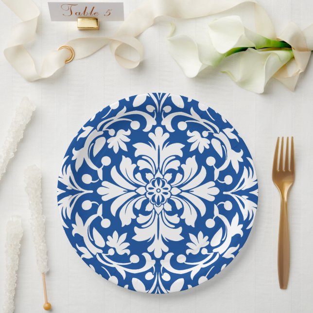 Assiettes En Carton Carreau damassé orné bleu et blanc (Mariage)