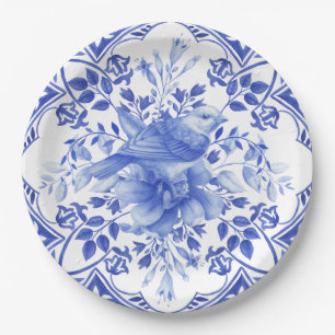 Assiettes En Carton Carreau floral bleu et blanc avec oiseau