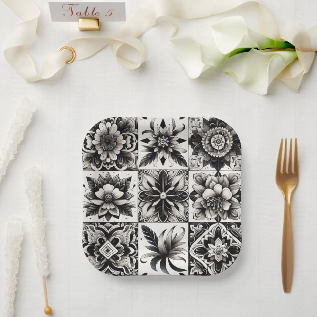 Assiettes En Carton Carreau noir et blanc (Mariage)