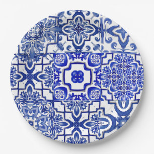 Assiettes En Carton Carreaux bleus, mosaïque, majolica,